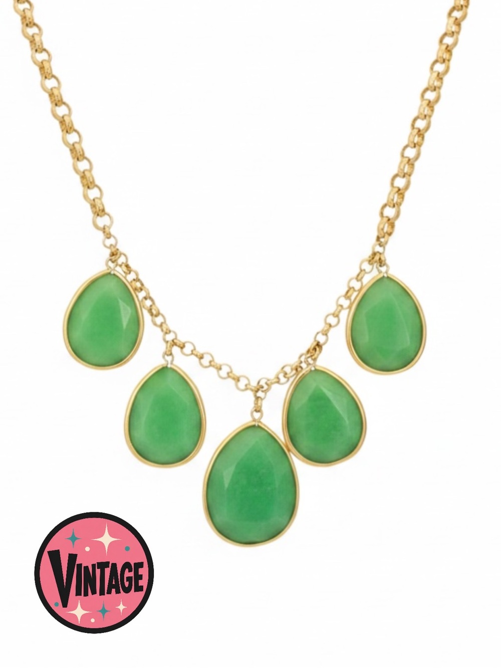 VTG Fossil Gold Green Faceted Stone Bib Statement Necklace Key Charm Pristine